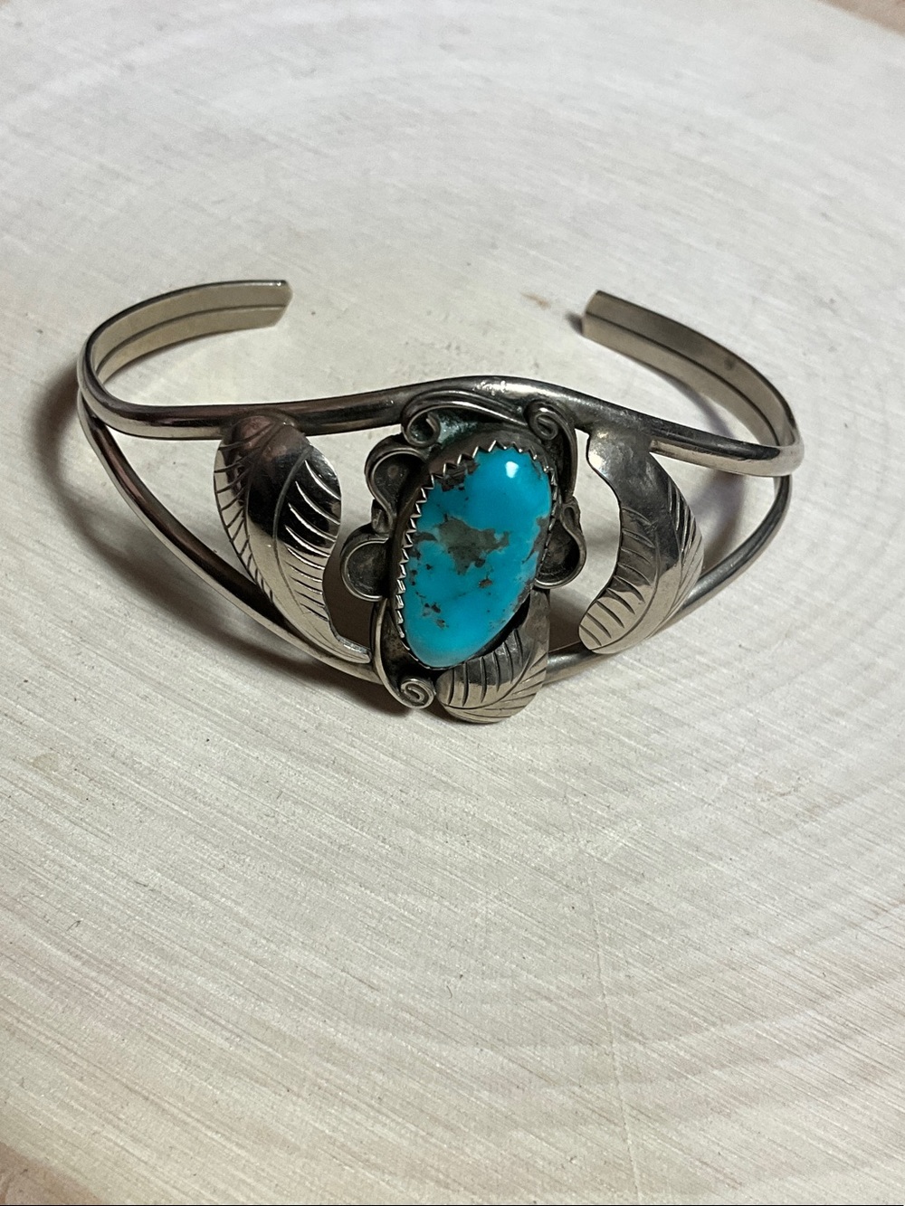 Navajo Sterling Silver Turquoise Leaf Cuff Bracelet